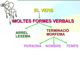 EL VERB   MOLTES FORMES VERBALS  ARREL LEXEMA TERMINACIÓ MORFEMA PERSONA  NOMBRE  TEMPS 