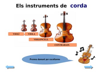 Els instruments de corda

VIOLÍ

VIOLA
VIOLONCELL
CONTRABAIX

Premeu damunt per escoltarme

 
