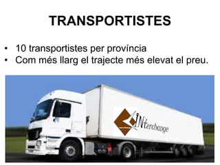 TRANSPORTISTES
• 10 transportistes per província
• Com més llarg el trajecte més elevat el preu.
 