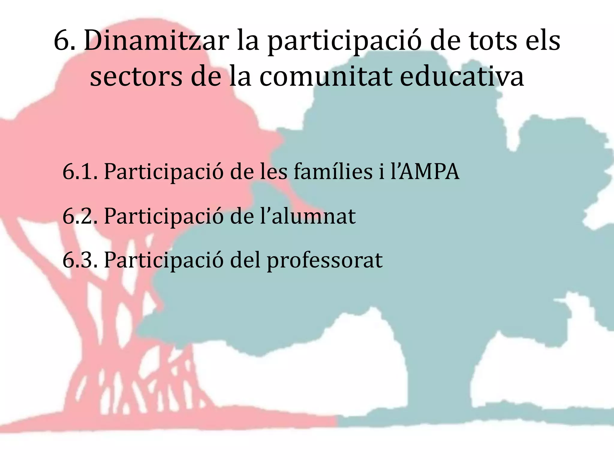 6. Dinamitzar la participació de tots els
sectors de la comunitat educativa
6.1. Participació de les famílies i l’AMPA
6.2. Participació de l’alumnat
6.3. Participació del professorat
 