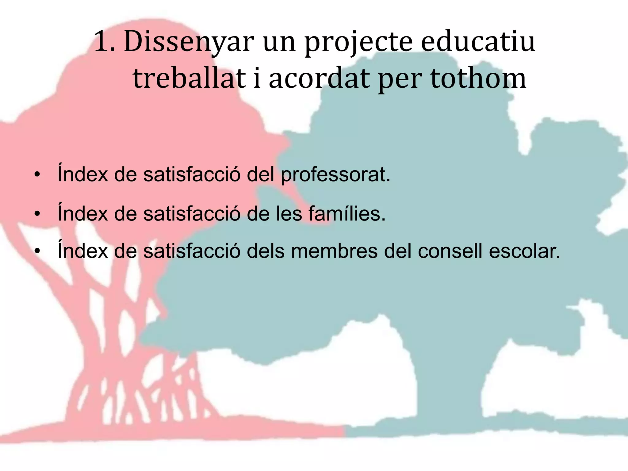 1. Dissenyar un projecte educatiu
treballat i acordat per tothom
• Índex de satisfacció del professorat.
• Índex de satisfacció de les famílies.
• Índex de satisfacció dels membres del consell escolar.
 