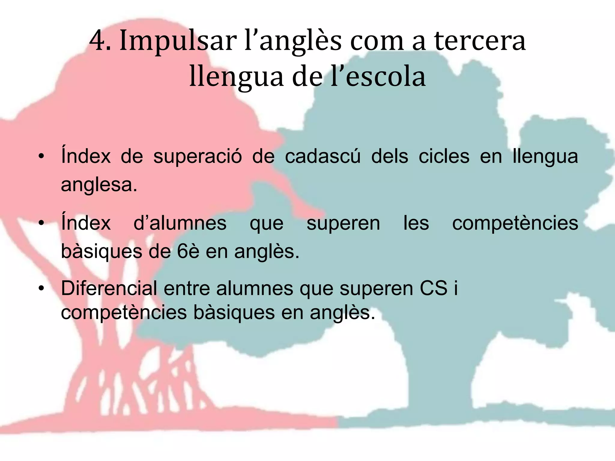 4. Impulsar l’anglès com a tercera
llengua de l’escola
• Índex de superació de cadascú dels cicles en llengua
anglesa.
• Índex d’alumnes que superen les competències
bàsiques de 6è en anglès.
• Diferencial entre alumnes que superen CS i
competències bàsiques en anglès.
 