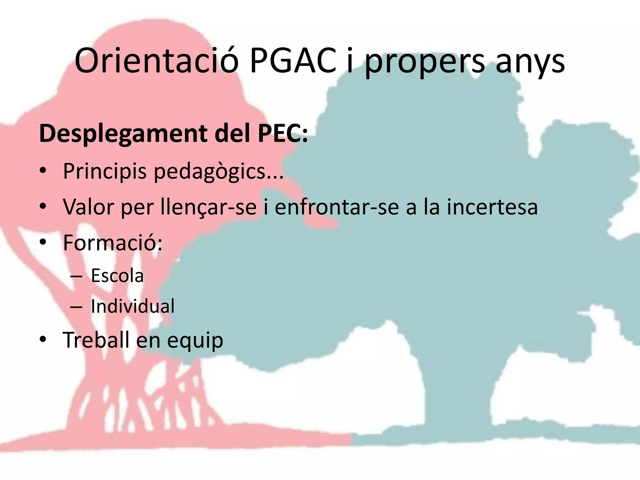 Orientació PGAC i propers anys
Desplegament del PEC:
• Principis pedagògics...
• Valor per llençar-se i enfrontar-se a la incertesa
• Formació:
– Escola
– Individual
• Treball en equip
 