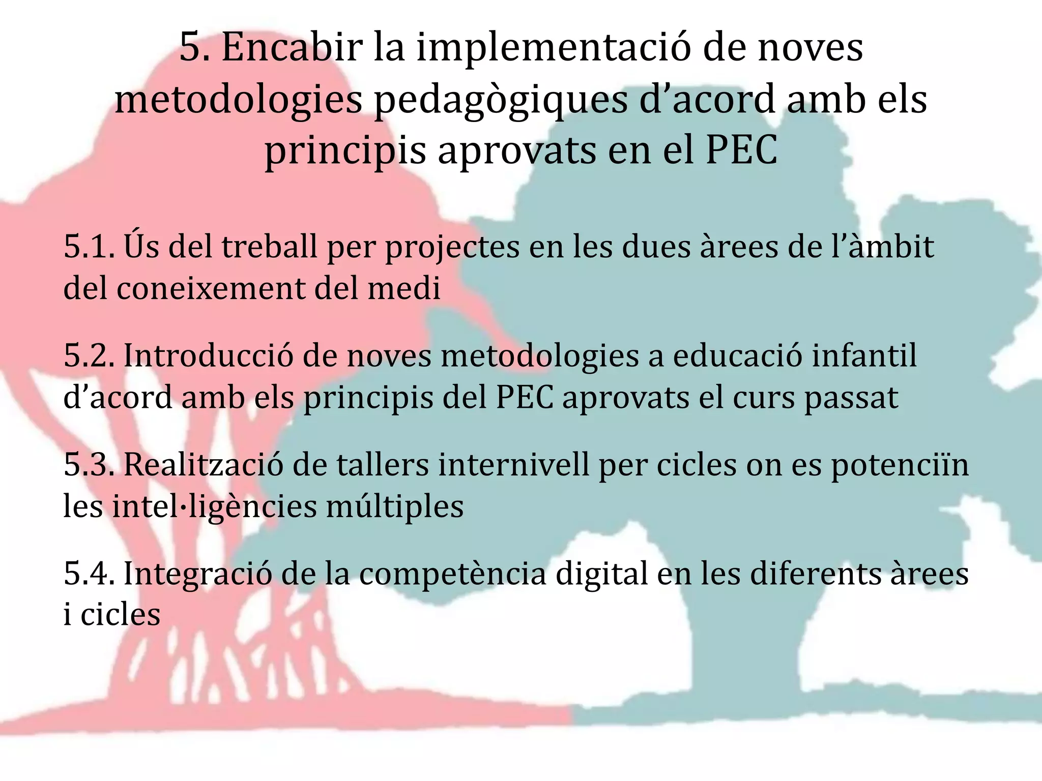 5. Encabir la implementació de noves
metodologies pedagògiques d’acord amb els
principis aprovats en el PEC
5.1. Ús del treball per projectes en les dues àrees de l’àmbit
del coneixement del medi
5.2. Introducció de noves metodologies a educació infantil
d’acord amb els principis del PEC aprovats el curs passat
5.3. Realització de tallers internivell per cicles on es potenciïn
les intel·ligències múltiples
5.4. Integració de la competència digital en les diferents àrees
i cicles
 