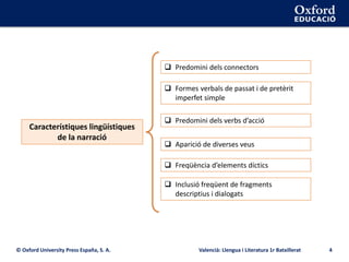 © Oxford University Press España, S. A. Valencià: Llengua i Literatura 1r Batxillerat 4
Característiques lingüístiques
de la narració
 Predomini dels connectors
 Formes verbals de passat i de pretèrit
imperfet simple
 Predomini dels verbs d’acció
 Aparició de diverses veus
 Freqüència d’elements díctics
 Inclusió freqüent de fragments
descriptius i dialogats
 