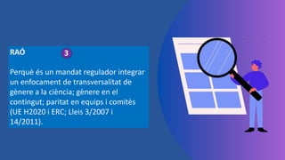 RAÓ
Perquè és un mandat regulador integrar
un enfocament de transversalitat de
gènere a la ciència; gènere en el
contingut; paritat en equips i comitès
(UE H2020 i ERC; Lleis 3/2007 i
14/2011).
3
 