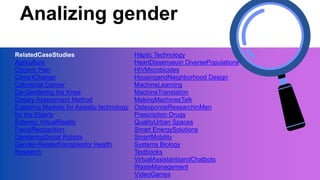Analizing gender
RelatedCaseStudies
Agriculture
Chronic Pain
Clima'tChange
Colorectal Cancer
De-Gendering the Knee
Dietary Assessment Method
Exploring Markets for Assistiu technology
for the Elderly
Esteneu VirtualReality
FacialRecognition
GenderingSocial Robots
Gender-RelatedVariablesfor Health
Research
Hàptic Technology
HeartDissenyeuin DiversePopulations
HIVMicrobicides
HousingandNeighborhood Design
MachineLearning
MachineTranslation
MakingMachinesTalk
OsteoporosiResearchinMen
Prescription Drugs
QualityUrban Spaces
Smart EnergySolutions
SmartMobility
Systems Biology
Textbooks
VirtualAssistantsandChatbots
WasteManagement
VídeoGames
 