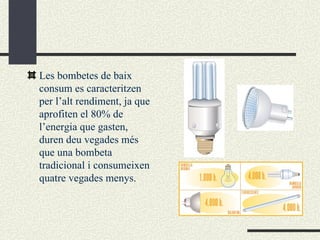 Les bombetes de baix consum es caracteritzen per l’alt rendiment, ja que aprofiten el 80% de l’energia que gasten, duren deu vegades més que una bombeta tradicional i consumeixen quatre vegades menys. 