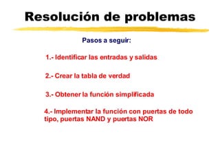 Resolución de problemas Pasos a seguir: 1.-  Identificar las entradas y salidas   2.-  Crear la tabla de verdad  3.-  Obtener la función simplificada  4.-  Implementar la función con puertas de todo tipo, puertas NAND y puertas NOR  