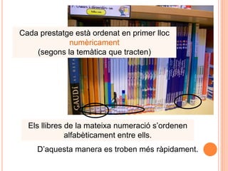 Cada prestatge està ordenat en primer lloc
             numèricament
    (segons la temàtica que tracten)




  Els llibres de la mateixa numeració s‟ordenen
              alfabèticament entre ells.
     D‟aquesta manera es troben més ràpidament.
 