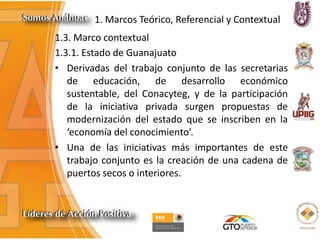 1. Marcos Teórico, Referencial y Contextual
1.3. Marco contextual
1.3.1. Estado de Guanajuato
• Derivadas del trabajo conjunto de las secretarias
de educación, de desarrollo económico
sustentable, del Conacyteg, y de la participación
de la iniciativa privada surgen propuestas de
modernización del estado que se inscriben en la
‘economía del conocimiento’.
• Una de las iniciativas más importantes de este
trabajo conjunto es la creación de una cadena de
puertos secos o interiores.
 