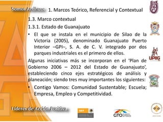 1. Marcos Teórico, Referencial y Contextual
1.3. Marco contextual
1.3.1. Estado de Guanajuato
• El que se instala en el municipio de Silao de la
Victoria (2005), denominado Guanajuato Puerto
Interior –GPI–, S. A. de C. V. integrado por dos
parques industriales es el primero de ellos.
Algunas iniciativas más se incorporan en el ‘Plan de
Gobierno 2006 – 2012 del Estado de Guanajuato’,
estableciendo cinco ejes estratégicos de análisis y
planeación; siendo tres muy importantes los siguientes:
• Contigo Vamos: Comunidad Sustentable; Escuela;
Empresa, Empleo y Competitividad.
 