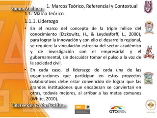 1. Marcos Teórico, Referencial y Contextual
1.1.1. Liderazgo
• En el marco del concepto de la triple hélice del
conocimiento (Etzkowitz, H., & Leydesforff, L., 2000),
para lograr la innovación y con ello el desarrollo regional,
se requiere la vinculación estrecha del sector académico
y de investigación con el empresarial y el
gubernamental, sin descuidar tomar el pulso a la voz de
la sociedad civil.
• En cada caso, el liderazgo de cada una de las
organizaciones que participan en estos proyectos
colaborativos debe estar convencido de lograr que las
grandes instituciones que encabezan se conviertan en
otras, todavía mejores, al arribar a las metas comunes
(White, 2010).
1.1. Marco Teórico
 