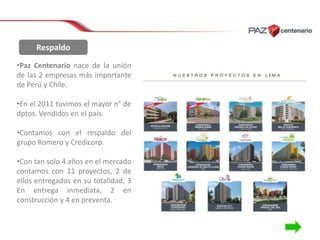 Respaldo
•Paz Centenario nace de la unión
de las 2 empresas más importante
de Perú y Chile.
•En el 2011 tuvimos el mayor n° de
dptos. Vendidos en el país.
•Contamos con el respaldo del
grupo Romero y Credicorp.
•Con tan solo 4 años en el mercado
contamos con 11 proyectos, 2 de
ellos entregados en su totalidad, 3
En entrega inmediata, 2 en
construcción y 4 en preventa.

 