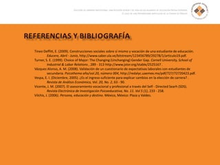 Tineo Deffitt, E. (2009). Construcciones sociales sobre sí mismo y vocación de una estudiante de educación.
Educere, Abril - Junio, http://www.saber.ula.ve/bitstream/123456789/29278/1/articulo19.pdf.
Turner, S. E. (1999). Choice of Major: The Changing (Unchanging) Gender Gap. Cornell University, School of
Industrial & Labor Relations , 289 - 313 http://www.jstor.org/stable/2525167 .
Vázquez Alonso, A. M. (2008). Validación de un cuestionario de expectativas laborales con estudiantes de
secundaria. Psicothema año/vol.20, número 004, http://redalyc.uaemex.mx/pdf/727/72720423.pdf.
Vespa, E. I. (Diciembre, 2005). ¿Es el ingreso suficiente para explicar cambios en la elección de carrera? .
Revista de Análisis Económico, Vol. 20, No. 2, 63 - 90.
Vicente, J. M. (2007). El asesoramiento vocacional y profesional a través del Self - Directed Searh (SDS).
Revista Electrónica de Investigación Psicoeducativa, No. 11. Vol 5 (1), 233 - 258.
Vilchis, J. (2006). Persona, educación y destino. México, México: Plaza y Valdes.
 