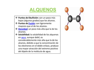 ALQUENOS
 Puntos de Ebullición: son un poco más
bajos (algunos grados) que los alcanos.
 Puntos de Fusión: son ligeramente
mayores que el de los alcanos.
 Densidad: un poco más alta que la de los
alcanos.
 Solubilidad: la solubilidad de los alquenos
en agua, aunque debil, es
considerablemente más alta que la de los
alcanos, debido a que la concentración de
los electrones en el doble enlace, produce
una mayor atracción del extremo positivo
del dipolo de la molécula de agua.

 