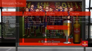 Principals Actius:
Mediàtic In Situ Online Tangible
o  Backdrop
o  Diaris i revistes
o  UTV
o  Cartells lluminosos
o  Tematització espais
interns
o  Bus
o  “Toblerones”
o  Monopals
o  Backdrop
o  UTV
o  Cartells lluminosos
o  Espots videomarcador
o  Tòtems exteriors
o  Bus
o  Presència web oficial
o  Impressions web
o  Mailing + SMS
o  Exclusivitat
o  Imatge i Associació
o  Tanteig
o  Promocions
o  Paquet ‘Hospitality’
o  Entrades
o  Cessió d’instal·lacions
Drets
 