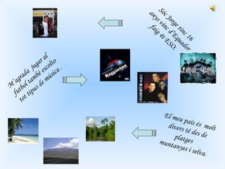 Sóc Jorge tinc 16 anys vinc d’Equador faig 4t ESO. M’agrada  jugar al futbol també escolto tot tipus de música  . El meu país és  molt divers té des de platges  muntanyes  i selva. 