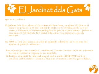 Que es el Jardinet? El Jardinet dels Gats, ubicat al Casc Antic de Barcelona, va néixer  e l 2004 en el marc d’un projecte molt més amplii de protecció i esterilització de Gats de carrer, i d’ubicació de col ò nies protegides de gats en espais adients, gràcies al recolzament del Districte I de Ciutat Vella, pioner en  promoure  aquesta iniciativa.  En 2008 ja som una Associació amb un equip de voluntaris i de socis que ens ajudan en pro dels  animales.   Tots aquests gats son capturats, esterilitzats i testats  i u n cop surten del veterinari passen al Jardinet a l’espera de ser adoptats.   Si desitges compartir la vida amb un gat, no ho  dubtis ADOPTA!!!Posa’t en contacte amb nosaltres i dona-li la vida que es mereix a uno d’aquests felins. 
