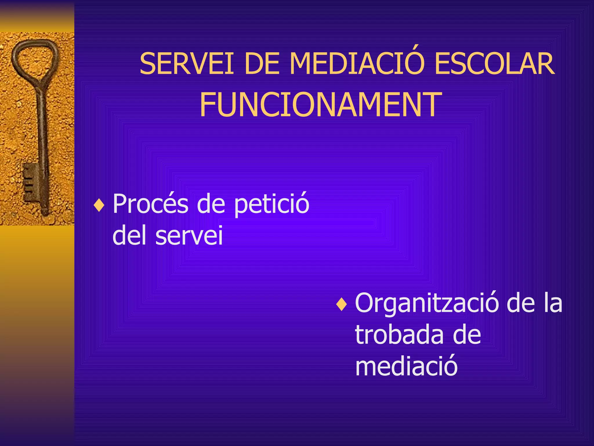 SERVEI DE MEDIACIÓ ESCOLAR FUNCIONAMENT Procés de petició del servei Organització   de la trobada de mediació 