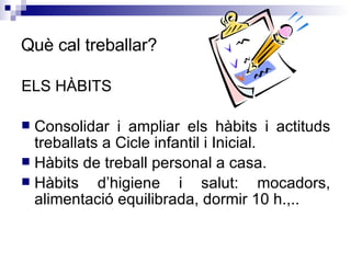 Què cal treballar? ELS HÀBITS Consolidar i ampliar els hàbits i actituds treballats a Cicle infantil i Inicial. Hàbits de treball personal a casa. Hàbits d’higiene i salut: mocadors, alimentació equilibrada, dormir 10 h.,.. 