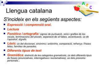 Llengua catalana S'incideix en els següents aspectes: Expressió i comprensió oral.  Lectura Fonètica i ortografia:   signes de puntuació, sons i grafies de les vocals, terminacions del plurals, separació de síl·labes, accentuació, ús de l’apòstrof, dígrafs.  Lèxic :  ús del diccionari, sinònims i antònims, comparació, refranys i frases fetes, famílies de paraules. Diferents tipus de text Gramàtica :   distinció de les categories gramaticals, ús dels diferents tipus de frases (enunciatives, interrogatives i exclamatives), ús dels pronoms personals... 