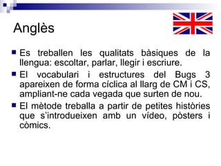 Anglès Es treballen les qualitats bàsiques de la llengua: escoltar, parlar, llegir i escriure. El vocabulari i estructures del Bugs 3 apareixen de forma cíclica al llarg de CM i CS, ampliant-ne cada vegada que surten de nou. El mètode treballa a partir de petites històries que s’introdueixen amb un vídeo, pòsters i còmics. 