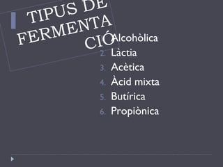 TIPUS DE FERMENTACIÓ Alcohòlica Làctia Acètica Àcid mixta Butírica Propiònica 