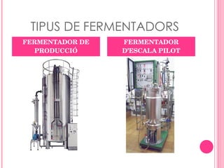 TIPUS DE FERMENTADORS FERMENTADOR DE PRODUCCIÓ FERMENTADOR D’ESCALA PILOT 
