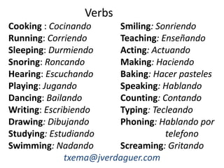 Verbs
Cooking : Cocinando Smiling: Sonriendo
Running: Corriendo Teaching: Enseñando
Sleeping: Durmiendo Acting: Actuando
Snoring: Roncando Making: Haciendo
Hearing: Escuchando Baking: Hacer pasteles
Playing: Jugando Speaking: Hablando
Dancing: Bailando Counting: Contando
Writing: Escribiendo Typing: Tecleando
Drawing: Dibujando Phoning: Hablando por
Studying: Estudiando telefono
Swimming: Nadando Screaming: Gritando
txema@jverdaguer.com