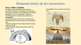 Elements bàsics de les estructures
Arcs, voltes i cúpules
Els arcs són els elements estructurals que
suporten càrregues i les dirigeixen cap als pilars, i
que també connecten zones aïllades per accidents
geogràfics, com rius, congostos o barrancs.
Són lleugeres tot i suportar grans esforços de
compressió.
Les seves funcions, de les més importants dins
dels elements de les estructures, són, bàsicament
dos:
• Repartir càrregues fins als pilars sobre els quals
estan construïts
• Superar espais relativament grans a partir de
peces petites
Una volta és una successió de diversos
arcs.
Una cúpula és una volta semiesfèrica.
 