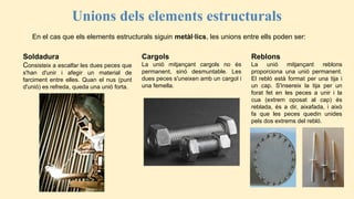 Unions dels elements estructurals
En el cas que els elements estructurals siguin metàl·lics, les unions entre ells poden ser:
Soldadura
Consisteix a escalfar les dues peces que
s'han d'unir i afegir un material de
farciment entre elles. Quan el nus (punt
d'unió) es refreda, queda una unió forta.
Cargols
La unió mitjançant cargols no és
permanent, sinó desmuntable. Les
dues peces s'uneixen amb un cargol i
una femella.
Reblons
La unió mitjançant reblons
proporciona una unió permanent.
El rebló està format per una tija i
un cap. S'insereix la tija per un
forat fet en les peces a unir i la
cua (extrem oposat al cap) és
reblada, és a dir, aixafada, i això
fa que les peces quedin unides
pels dos extrems del rebló.
 