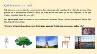 Què és una estructura?
Tot allò que ens envolta (les construccions, les màquines, els objectes, fins i tot els animals i les
plantes de la natura) està sotmès a l’acció de FORCES de tota mena (la del seu propi pes, la del pes
d’altres objectes, força del vent, etc.).
Les estructures tenen la missió de suportar l’acció d’aquestes forces i de mantenir la seva forma. Per
tant, les estructures són:
“Conjunt d’elements units entre si destinats a suportar les forces que actuen sobre ells”
 
