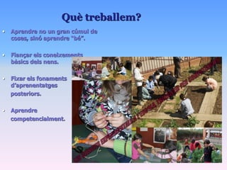 Què treballem?
•   Aprendre no un gran cúmul de
    coses, sinó aprendre “bé”.

•   Fiançar els coneixements
    bàsics dels nens.

•   Fixar els fonaments
    d’aprenentatges
    posteriors.

•   Aprendre
    competencialment.
 