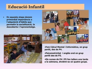Educació Infantil

•   En aquesta etapa donem
    primordial importància a
    l’adquisició d’hàbits que
    permetin la socialització, la
    descoberta i l’aprenentatge.




                                    •Fem Càlcul Mental i Informàtica, en grup
                                    partit, des de P4.
                                    •Psicomotricitat i anglès oral en grup
                                    partit des de P3.
                                    •Els cursos de P4 i P5 fan tallers una tarda
                                    a la setmana, dividint-se en quatre grups.
 