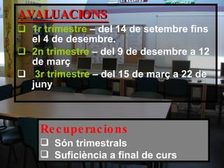 AVALUACIONS 1r trimestre  – del 14 de setembre fins el 4 de desembre. 2n trimestre  – del 9 de desembre a 12   de març 3r trimestre  – del 15 de març a 22 de juny  Recuperacions Són trimestrals Suficiència a final de curs 