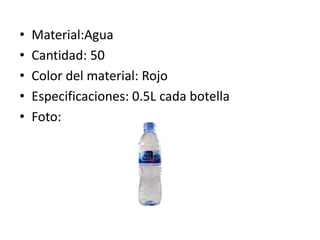 •
•
•
•
•

Material:Agua
Cantidad: 50
Color del material: Rojo
Especificaciones: 0.5L cada botella
Foto:

 