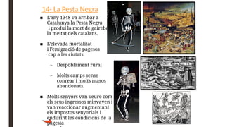 14- La Pesta Negra
■ L’any 1348 va arribar a
Catalunya la Pesta Negra
i produí la mort de gairebé
la meitat dels catalans.
■ L’elevada mortalitat
i l’emigració de pagesos
cap a les ciutats
– Despoblament rural
– Molts camps sense
conrear i molts masos
abandonats.
■ Molts senyors van veure com
els seus ingressos minvaven i
van reaccionar augmentant
els impostos senyorials i
endurint les condicions de la
pagesia
 