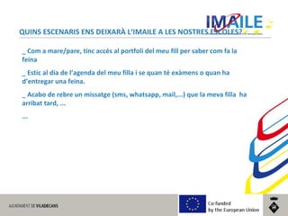 © 2014 IMAILE | Innovative Methods for Award Procedures of ICT learning in Europe
QUINS ESCENARIS ENS DEIXARÀ L‘IMAILE A LES NOSTRES ESCOLES?
_ Com a mare/pare, tinc accés al portfoli del meu fill per saber com fa la
feina
_ Estic al dia de l’agenda del meu filla i se quan té exàmens o quan ha
d’entregar una feina.
_ Acabo de rebre un missatge (sms, whatsapp, mail,...) que la meva filla ha
arribat tard, ...
...
 