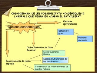 ORGANIGRAMA DE LES POSSIBILITATS ACADÈMIQUES I LABORALS QUE TENIM EN ACABAR EL BATXILLERAT<br />Carreres universitaries<br...