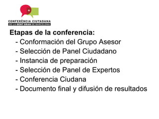 Etapas de la conferencia:
  - Conformación del Grupo Asesor
  - Selección de Panel Ciudadano
  - Instancia de preparación
  - Selección de Panel de Expertos
  - Conferencia Ciudana
  - Documento final y difusión de resultados
 