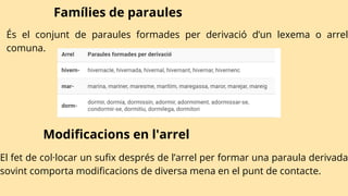 Famílies de paraules
És el conjunt de paraules formades per derivació d’un lexema o arrel
comuna.
Modificacions en l'arrel
El fet de col·locar un sufix després de l’arrel per formar una paraula derivada
sovint comporta modificacions de diversa mena en el punt de contacte.
 