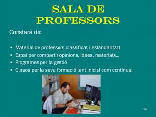 saLA DE
PROFESSORS
Constarà de:
• Material de professors classificat i estandaritzat
• Espai per compartir opinions, idees, materials…
• Programes per la gestió
• Cursos per la seva formació tant inicial com contínua.
14
 