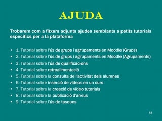 AJUDA
• 1. Tutorial sobre l'ús de grups i agrupaments en Moodle (Grups)
• 2. Tutorial sobre l'ús de grups i agrupaments en Moodle (Agrupaments)
• 3. Tutorial sobre l'ús de qualificacions
• 4. Tutorial sobre retroalimentació
• 5. Tutorial sobre la consulta de l'activitat dels alumnes
• 6. Tutorial sobre inserció de vídeos en un curs
• 7. Tutorial sobre la creació de vídeo tutorials
• 8. Tutorial sobre la publicació d'arxius
• 9. Tutorial sobre l'ús de tasques
Trobarem com a fitxers adjunts ajudes semblants a petits tutorials
específics per a la plataforma
18
 