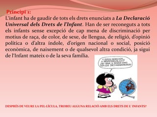 DESPRÉS DE VEURE LA PEL·LÍCULA, TROBEU ALGUNA RELACIÓ AMB ELS DRETS DE L' INFANTS?
Principi 1:
L‘infant ha de gaudir de tots els drets enunciats a La Declaració
Universal dels Drets de l’Infant. Han de ser reconeguts a tots
els infants sense excepció de cap mena de discriminació per
motius de raça, de color, de sexe, de llengua, de religió, d’opinió
política o d’altra índole, d’origen nacional o social, posició
econòmica, de naixement o de qualsevol altra condició, ja sigui
de l‘Infant mateix o de la seva família.
 