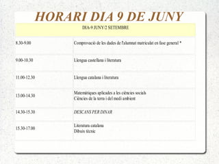 DIA-9 JUNY/2 SETEMBRE
8.30-9.00 Comprovació de les dades de l'alumnat matriculat en fase general *
9.00-10.30 Llengua castellana i literatura
11.00-12.30 Llengua catalana i literatura
13.00-14.30
Matemàtiques aplicades a les ciències socials
Ciències de la terra i del medi ambient
14.30-15.30 DESCANS PER DINAR
15.30-17.00
Literatura catalana
Dibuix tècnic
HORARI DIA 9 DE JUNY
 