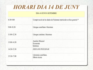 DIA-14 JUNY/6 SETEMBRE
8.30-9.00 Comprovació de les dades de l'alumnat matriculat en fase general *
9.00-10.30 Llengua castellana i literatura
11.00-12.30 Llengua catalana i literatura
13.00-14.30
Analisis Musical
Economia
Química
14.30-15.30 DESCANS PER DINAR
15.30-17.00
Literatura castellana
Dibuix tècnic
HORARI DIA 14 DE JUNY
 