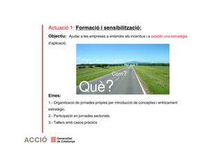 Actuació 1: Formació i sensibilització: 
Objectiu: Ajudar a les empreses a entendre els incentius i a establir una estratègia 
d’aplicació. 
Per què ? 
Com? 
Què? 
Eines: 
1.- Organització de jornades pròpies per introducció de conceptes i enfocament 
estratègic. 
2.- Participació en jornades sectorials. 
3.- Tallers amb casos pràctics 
 