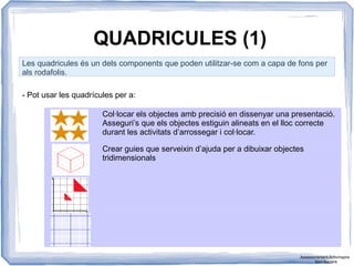 QUADRICULES (1)
Les quadricules és un dels components que poden utilitzar-se com a capa de fons per
als rodafolis.
- Pot usar les quadrícules per a:
Col·locar els objectes amb precisió en dissenyar una presentació.
Asseguri’s que els objectes estiguin alineats en el lloc correcte
durant les activitats d’arrossegar i col·locar.
Crear guies que serveixin d’ajuda per a dibuixar objectes
tridimensionals
Assessorament Activinspire
Xavi Barrera
 