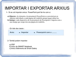IMPORTAR I EXPORTAR ARXIUS
1- Si es vol importar arxius PowerPoint port fer-ho com a:
a) Objectes: els elements a la presentació PowerPoint es converteixen en
objectes individuals a cada pàgina del rodafolis perquè pugui editar-los.
b) Imatges: cada diapositiva de la presentació de Powerpoint s’importa com a
una imatge que ocupa tota una pàgina de rodafolis.
- En tots dos casos :
Arxiu Importar Powerpoint com a ..........
2- També podem importar:
a) PDF
b) Arxiu de SMART Notebook
c) Arxiu d'elements de Smart Galery
 